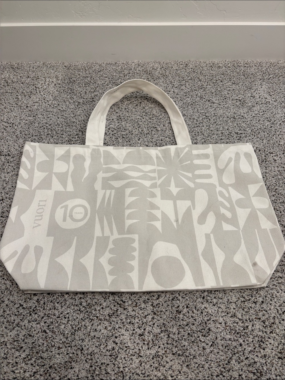 Vuori White and Light Gray Graphic Canvas Tote, 10th anniversary
